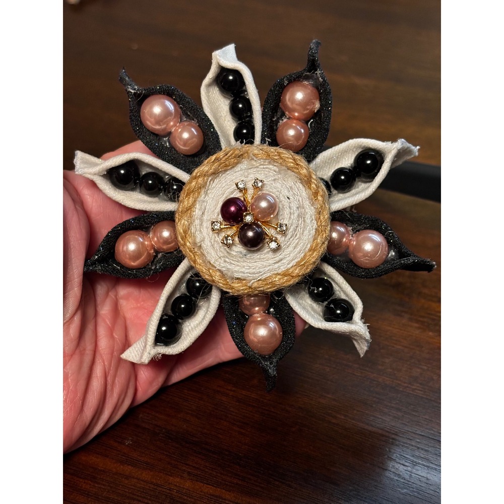 Handmade Denim Flower Magnet Black White Faux Pearl Jute - 3 - Picture 2 of 5
